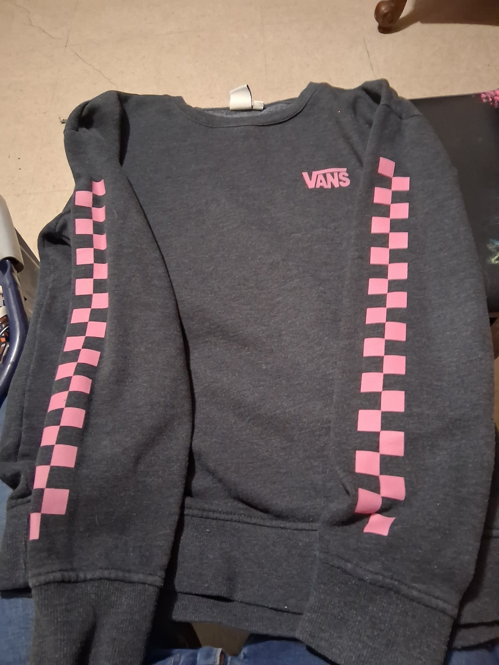 Vans Kids Charcoal Crewneck with Pink Checkerboard Sleeves